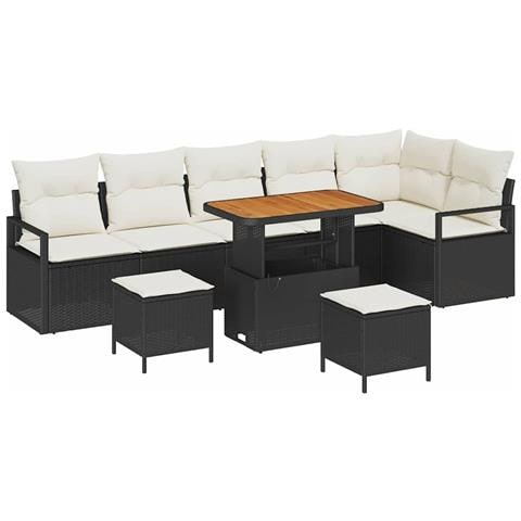 Set di divani da giardino 9 pezzi con cuscini nero Polyrattan Acacia, Divano da giardino 2 posti con storage e cuscini nero Polyrattan, Set di piscina da giardino 3 pezzi con cuscini nero Polyrattan Acacia - Foto 1