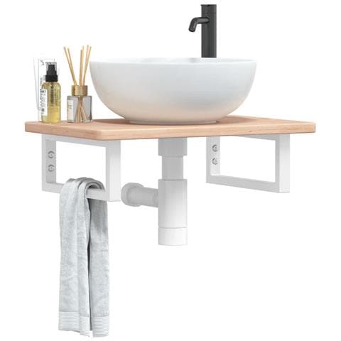 Ripiano a Parete per Lavabo in Acciaio e Massello di Rovere - Foto 2