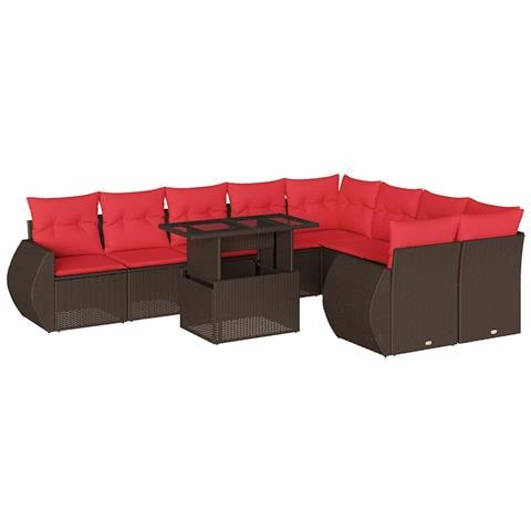 Set Divani da Giardino 10 pz con Cuscini Marrone in Polyrattan - Foto 1
