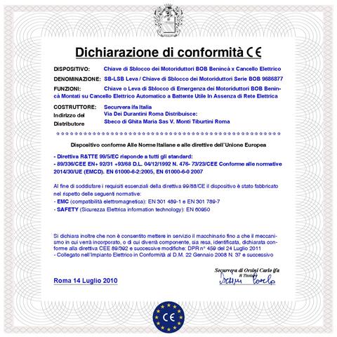 Leva Per Lo Sblocco Del Motoriduttore Bob Della Benincà Chiave 9686877 Per Aprire Il Cancello In Mancanza Di Rete Elet - Foto 4