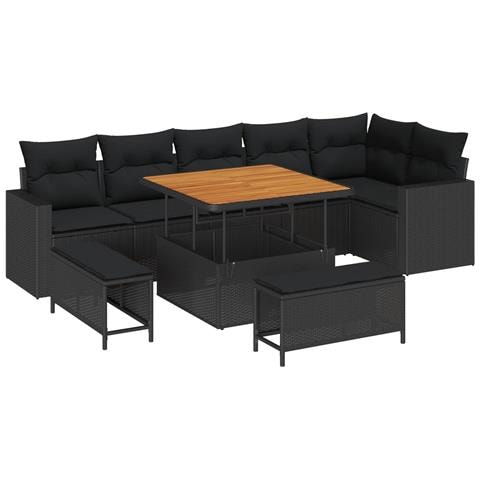 Set di Divani da Giardino 9 Pezzi con Cuscini Nero Polyrattan Acacia, Set da Giardino 3 Pezzi con Cuscini Nero Polyrattan Acacia - Foto 1