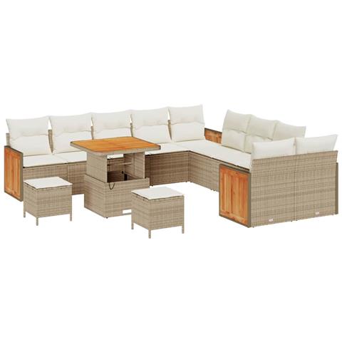 Set di Divani da Giardino in 13 Pezzi con Cuscini in Polyrattan Beige e Acacia, Divano da Giardino in 2 Pezzi con Cuscini in Polyrattan Beige, Set da Pranzo da Giardino in 3 Pezzi con Cuscini in Polyrattan Beige e Acacia - Foto 1