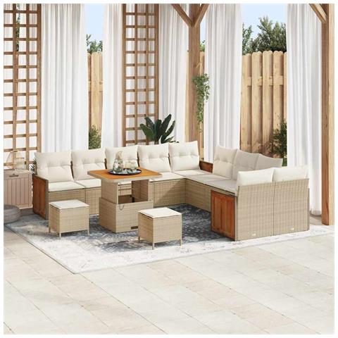 Set di Divani da Giardino in 13 Pezzi con Cuscini in Polyrattan Beige e Acacia, Divano da Giardino in 2 Pezzi con Cuscini in Polyrattan Beige, Set da Pranzo da Giardino in 3 Pezzi con Cuscini in Polyrattan Beige e Acacia - Foto 2