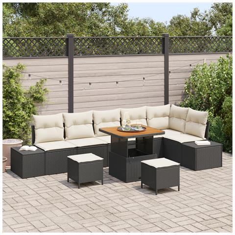 Set divano da giardino  9 pezzi con cuscini neri polyrattan acacia, Divano da giardino a due posti  con cuscini neri polyrattan, Set da pranzo da giardino  3 pezzi con cuscini neri polyrattan acacia - Foto 2