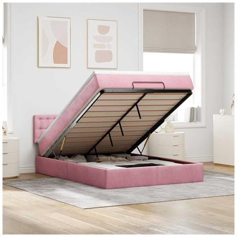 Struttura Letto Pouf con Materasso Rosa 140x190 cm in Velluto - Foto 2