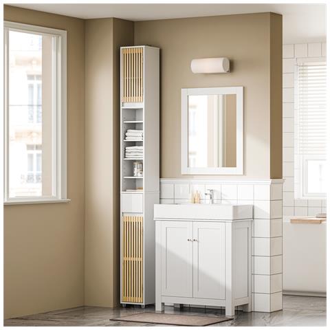 Mobiletto Bagno Con Ante In Bambù, 6 Ripiani Regolabili, Colore Bianco - Foto 2