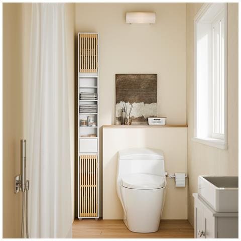 Mobiletto Bagno Con Ante In Bambù, 6 Ripiani Regolabili, Colore Bianco - Foto 7
