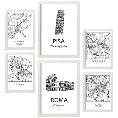 Set Di 6 Stampe Stampe Di Mappe E Monumenti Italiani In Bianco E Nero Per Il Design D'interni Della Tua Casa, Ufficio, Azienda A3 & A4 Cornice Bianca - Foto 1