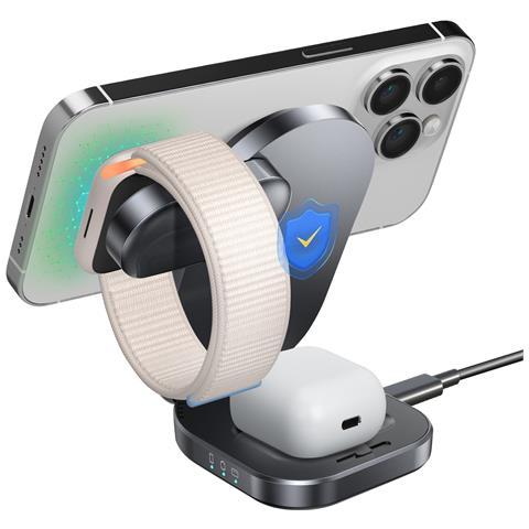 Stazione Di Ricarica Qi2 3 In 1 Per Iphone Magsafe / Airpods / Watch Pieghevole, Nero - Foto 2