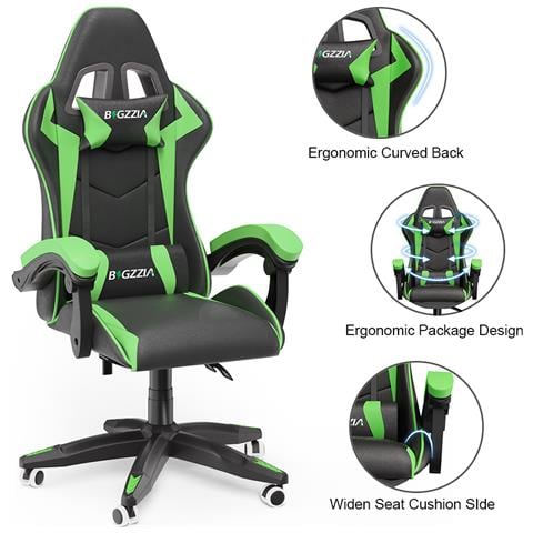 Game Chair - Sedia Da Ufficio Girevole Regolabile Del Gioco Da Corsa - Con Cuscino E Schienale Reclinabile, Nero E Verde - Foto 2