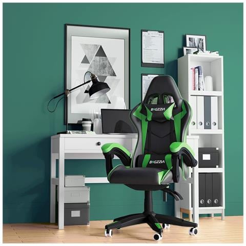 Game Chair - Sedia Da Ufficio Girevole Regolabile Del Gioco Da Corsa - Con Cuscino E Schienale Reclinabile, Nero E Verde - Foto 1