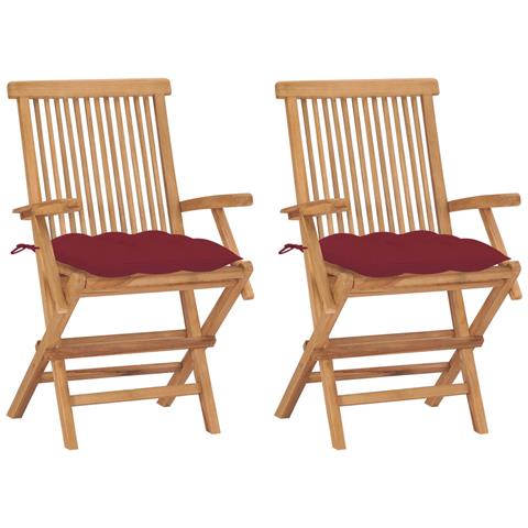 Sedie Giardino 2 Pz Con Cuscini Rosso Vino Legno Massello Teak - Foto 2