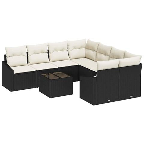 Set da pranzo da giardino 9 pezzi con cuscini in polirattan nero - Foto 1