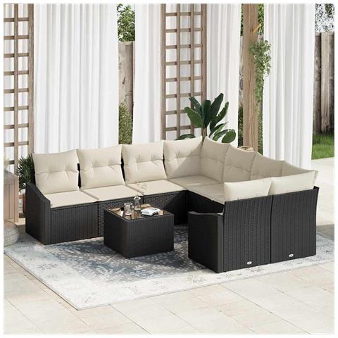 Set da pranzo da giardino 9 pezzi con cuscini in polirattan nero - Foto 2