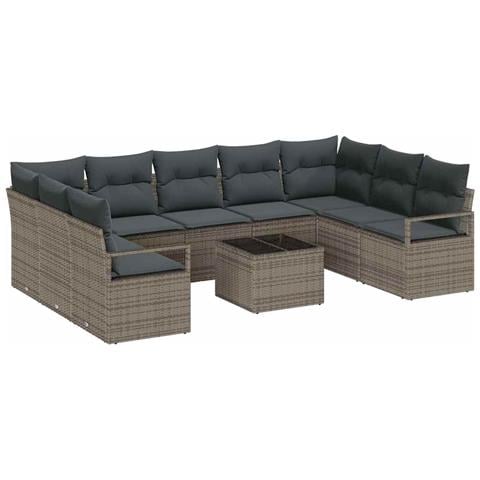 Set Divano da Giardino  9 Pezzi con Cuscini Nero in Rattan Poli, Divano da Giardino  2 Posti con Ripostiglio e Cuscini Grigi in Rattan Poli - Foto 1