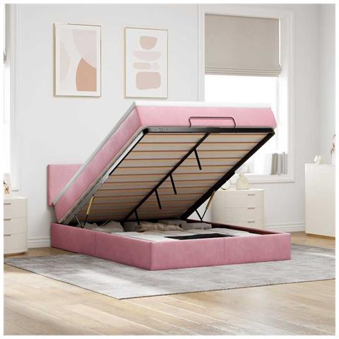Struttura Letto Pouf con Materasso Rosa 140x190 cm in Velluto - Foto 2