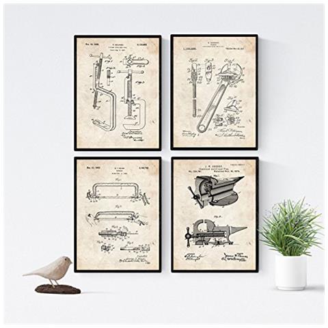 Set Di 4 Stampe Brevetti Di Attrezzi Meccanici Chiave Morsa Morsetti Sfondo Disegno D'igegneria E Brevetti Decorazione Domestica Senza Cornice A4 - Foto 1