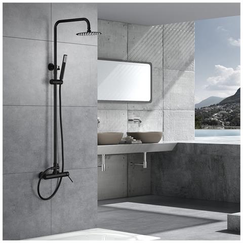 Set Doccia Monocomando Nero Opaco In Acciaio E Ottone Con Asta Estensibile 95-1325 Cm Soffione Extra Piatto Ø20 Cm Anticalcare Cartuccia Ceramica Ø35 Mm Flessibile 15 M E Maniglia -bdys0 - Foto 3