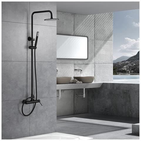 Set Doccia Monocomando Nero Opaco In Acciaio E Ottone Con Asta Estensibile 95-1325 Cm Soffione Extra Piatto Ø20 Cm Anticalcare Cartuccia Ceramica Ø35 Mm Flessibile 15 M E Maniglia -bdys0 - Foto 1