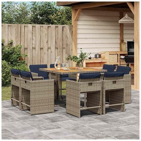 Set da pranzo da giardino da 9 pz con Cuscini in Polyrattan Grigio - Foto 2