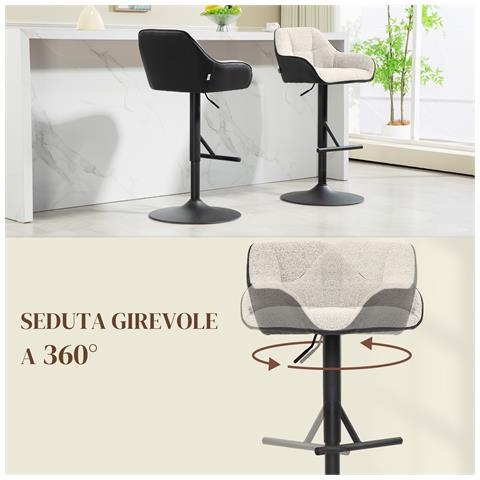 Set 2 Sgabelli Imbottiti ad Altezza Regolabile con Schienale e Braccioli, 52.5x53x86.5-108 cm, Nero Grigio Chiaro - Foto 6