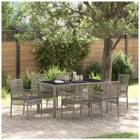 Set da pranzo da giardino 7 pezzi con cuscini Grigio Polyrattan - Foto 2