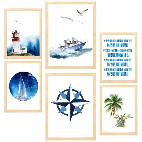 Set Di 6 Stampe Composizione Di Pittura Decorativa Mare E Spiaggia Incorniciata Con Illustrazioni Di Design Per Le Pareti A3 & A4 Telaio In Legno Chiaro - Foto 1