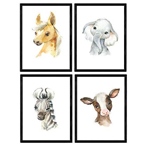 Set Di 4 Stampe Fogli Con Illustrazioni Di Animali. Poster Con Immagini Per Bambini Di Animali. Elephant Cow Horse E Zebra .. Senza Cornice A4 - Foto 1