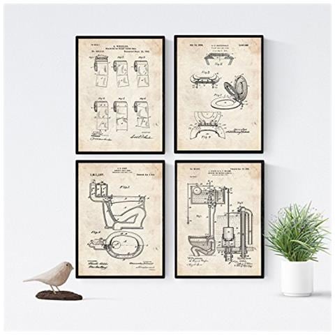 Set Di 4 Stampe Vintage Su Sfondo Vintage Brevetto Tavoletta Wc Carta Igienica Progetto Bagno Vecchi Brevetti Vecchie Invenzioni Senza Cornice A4 - Foto 1