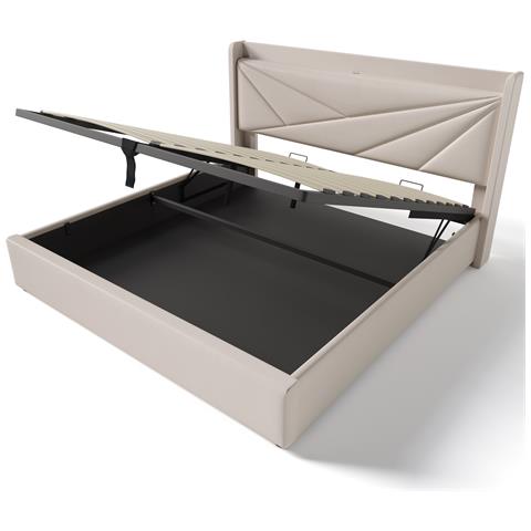 Letto Matrimoniale Beige Con Testata In Tessuto, Archiviazione E Ricarica Integrata - Foto 3