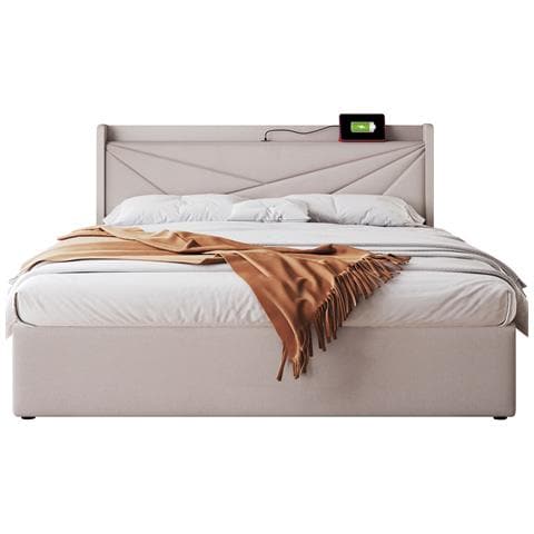 Letto Matrimoniale Beige Con Testata In Tessuto, Archiviazione E Ricarica Integrata - Foto 1