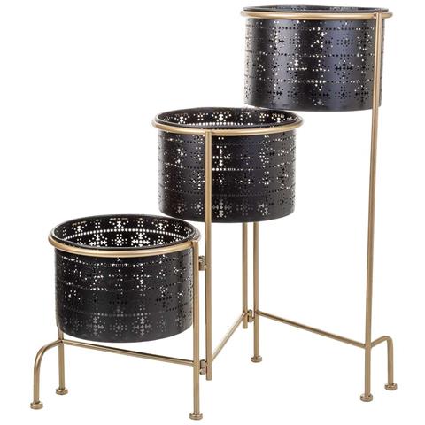 Supporto In Metallo Con 3 Fioriere In Metallo Nero 80x26x68 - Foto 1