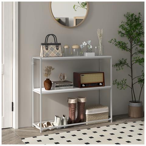 Tavolo Consolle Da Ingresso Con Ripiano Aperto, In Acciaio E Truciolato, 100x30x87 Cm, Bianco - Foto 2