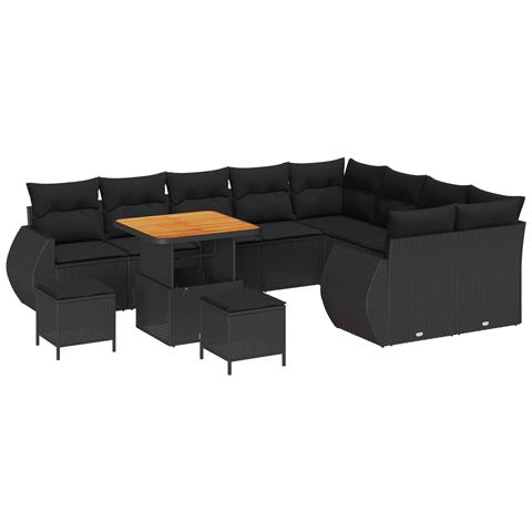 Set di divani da giardino con cuscini neri in Polyrattan, Set di dining da giardino a 3 pezzi con cuscini neri in Polyrattan - Foto 1