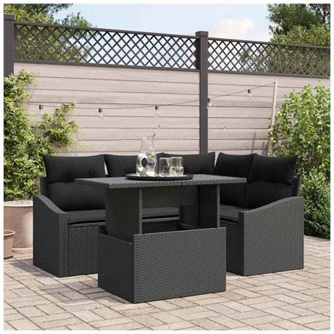 Set Divano Giardino 5 Pezzi con Cuscini Rattan Poliestere Nero - Foto 2
