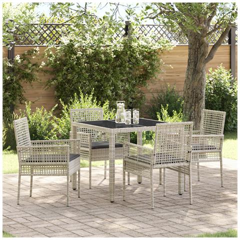 Set da pranzo da giardino 5 pezzi con cuscini grigio chiaro in polyrattan - Foto 2