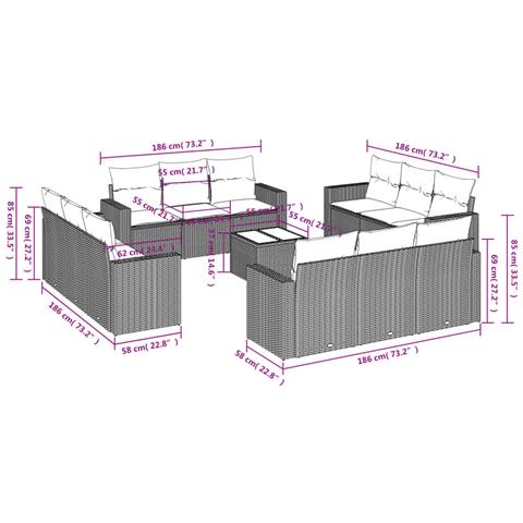 Set Divani da Giardino 13pz con Cuscini Nero in Polyrattan - Foto 3