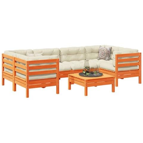 Set Divani Giardino 7 pz con Cuscini Marrone Cera Massello Pino - Foto 2