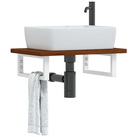 Ripiano a Parete per Lavabo in Acciaio e Massello di Rovere - Foto 2