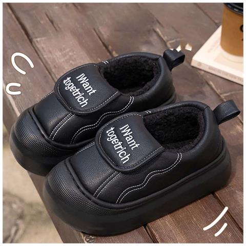 Pantofole Invernali Impermeabili In Pelle Pu Con Fodera In Pile E Suola Spessa In Cotone Black 38 - Foto 1