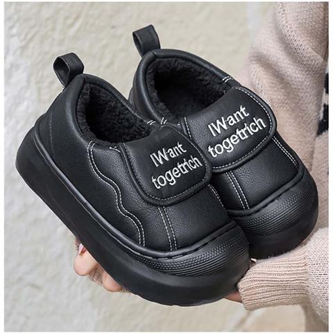 Pantofole Invernali Impermeabili In Pelle Pu Con Fodera In Pile E Suola Spessa In Cotone Black 38 - Foto 6
