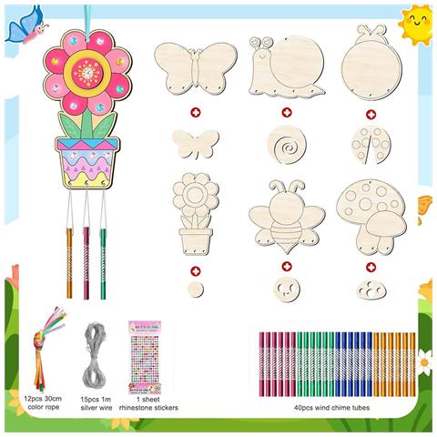 Kit Campanelle Eoliche Fai Da Te - Fiore 12pz + Diamante Rotondo, Artigianato In Legno Dipingibile Per Bambini E Adulti - Foto 1