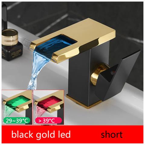 Rubinetto per lavabo da bagno, Blackswan, tipo M194, modello corto nero /oro con bocca a cascata e LED, misura 12,5 cm - Foto 2