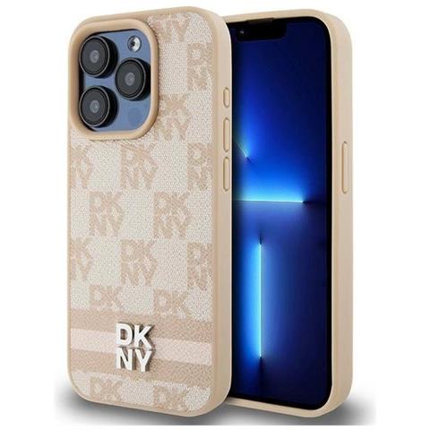 Custodia In Pelle A Quadri Mono Dkny Con Strisce Stampate Per Iphone 15 Pro - Rosa - Foto 1
