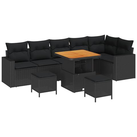 Set di Divani da Giardino 9 Pezzi con Cuscini Nero Polyrattan Acacia, Set da Pranzo da Giardino 3 Pezzi con Cuscini Nero Polyrattan Acacia - Foto 1