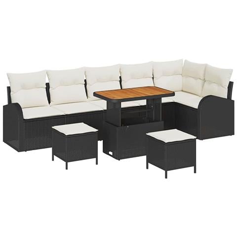 Set divano da giardino  9 pezzi con cuscini nero polirattan acacia, Divano da giardino  2 posti con cuscini nero polirattan, Set da pranzo da giardino  3 pezzi con cuscini nero polirattan acacia - Foto 1