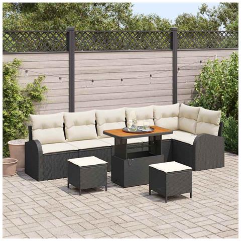 Set divano da giardino  9 pezzi con cuscini nero polirattan acacia, Divano da giardino  2 posti con cuscini nero polirattan, Set da pranzo da giardino  3 pezzi con cuscini nero polirattan acacia - Foto 2