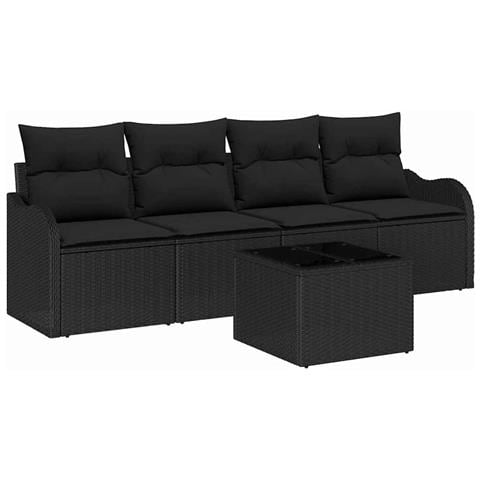 Set Divano Giardino 5 Pezzi con Cuscini Rattan Poliestere Nero, Divano Giardino 2 Posti con Spazio di Archiviazione e Cuscini Rattan Poliestere Nero - Foto 1