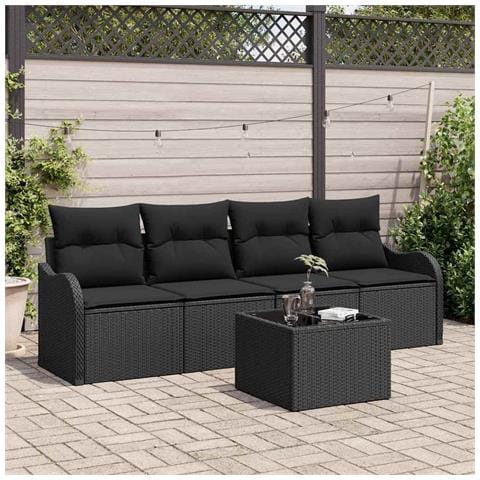 Set Divano Giardino 5 Pezzi con Cuscini Rattan Poliestere Nero, Divano Giardino 2 Posti con Spazio di Archiviazione e Cuscini Rattan Poliestere Nero - Foto 2