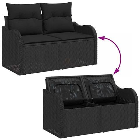 Set Divano Giardino 5 Pezzi con Cuscini Rattan Poliestere Nero, Divano Giardino 2 Posti con Spazio di Archiviazione e Cuscini Rattan Poliestere Nero - Foto 9